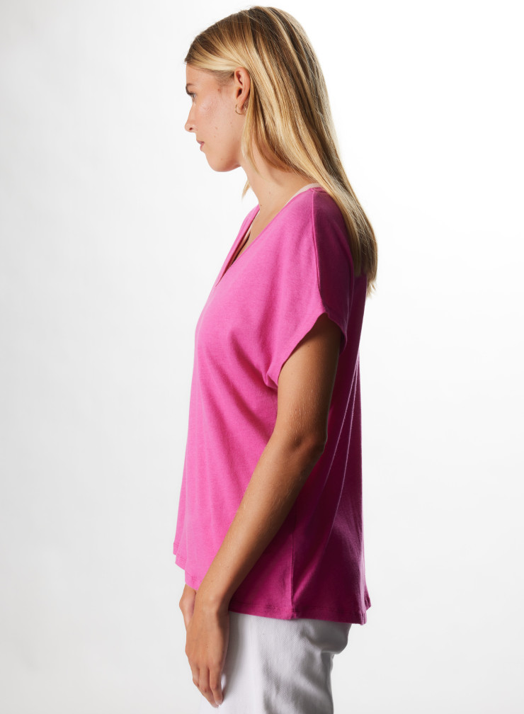 T-shirt manches courtes avec col en V rose femme