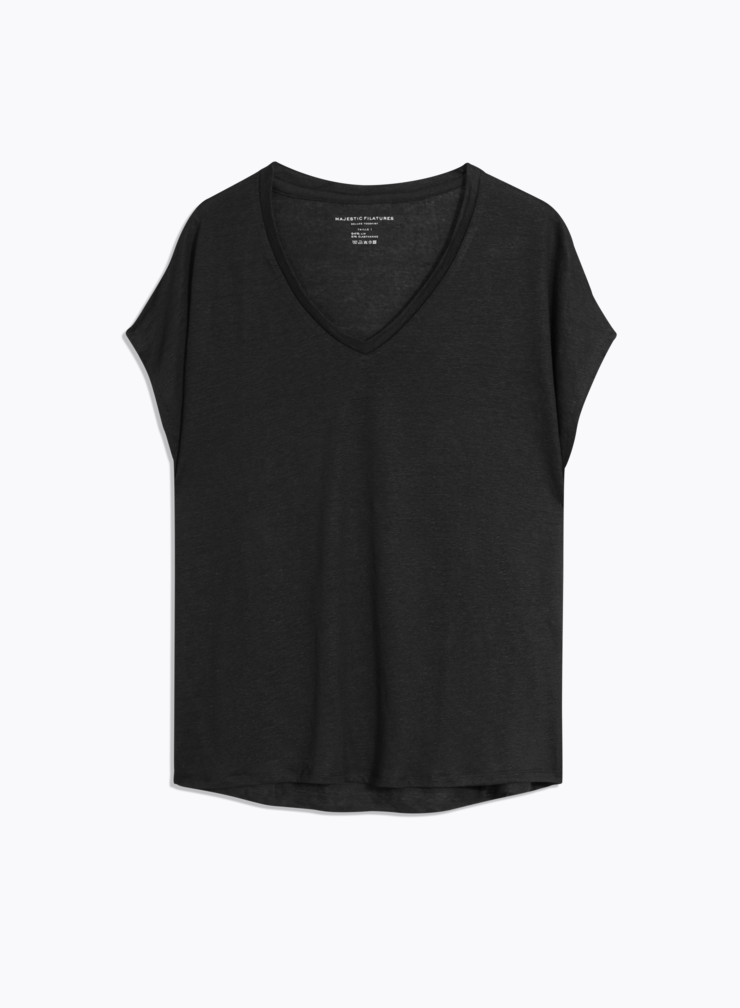 T-Shirt / Leinen DAMEN Majestic Ärmeln V-Ausschnitt mit Filatures und Elastan kurzen aus Schwarz l