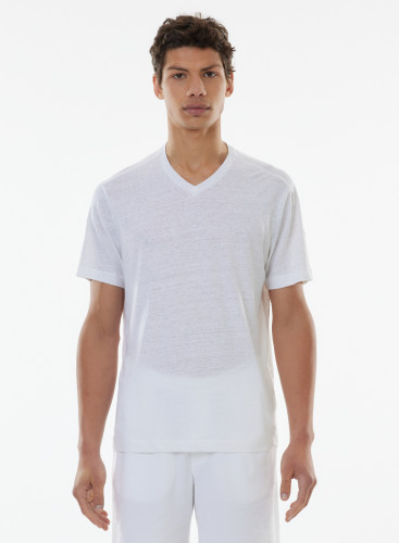 Short-sleeved V-neck T-shirt in Linen / Elastane