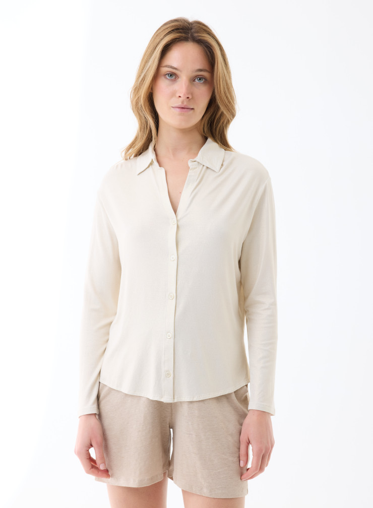 Chemise Manches Longues Col Chemise en Viscose/Elasthanne