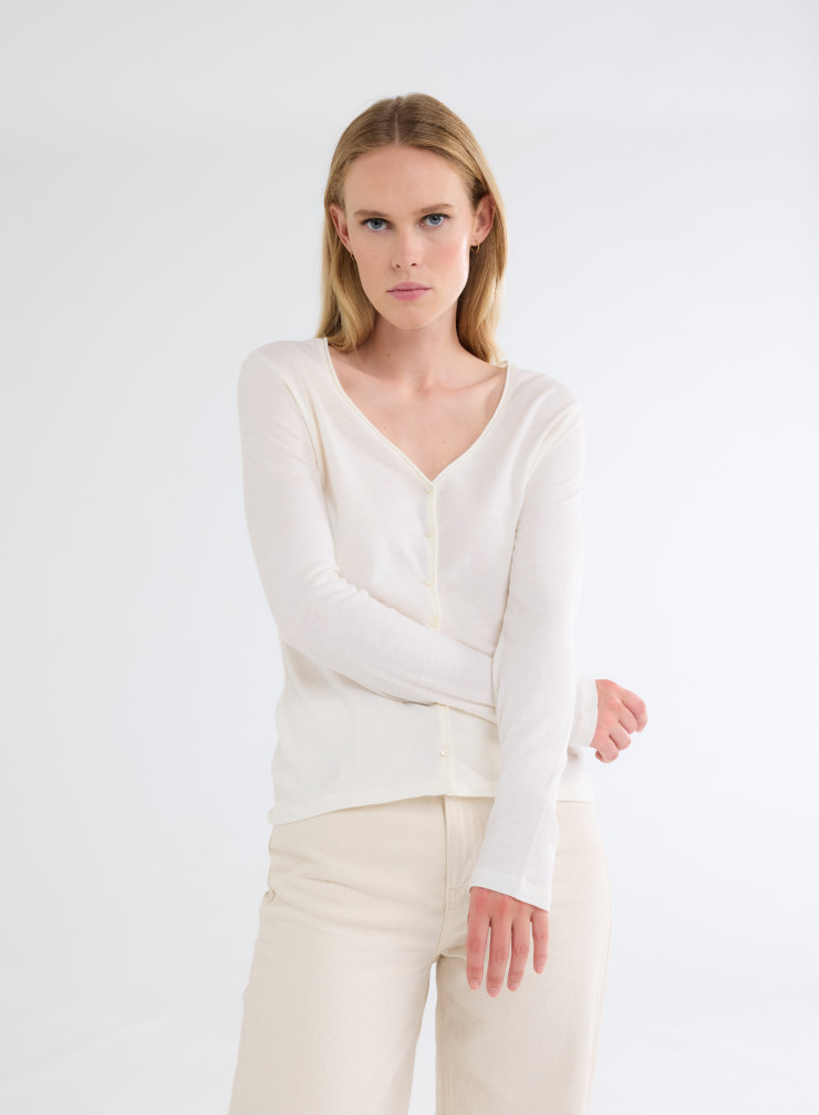 Long Sleeves V-neck Tank Top in Organic Cotton / Cashmere