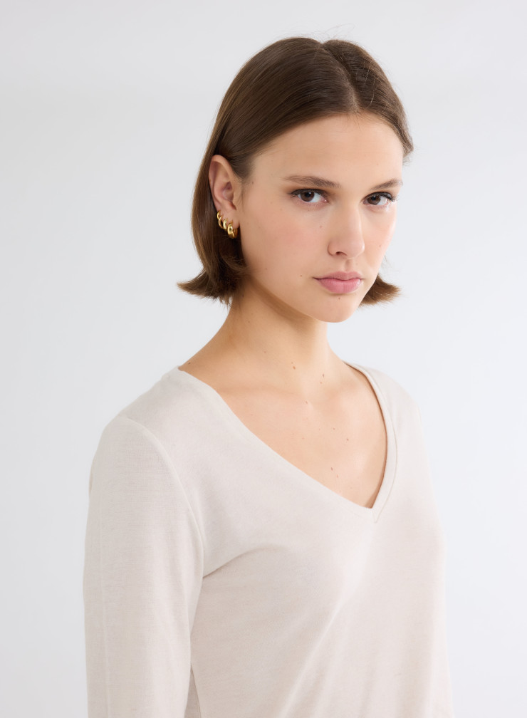 Long Sleeves V-neck T-shirt in Organic Cotton / Cashmere