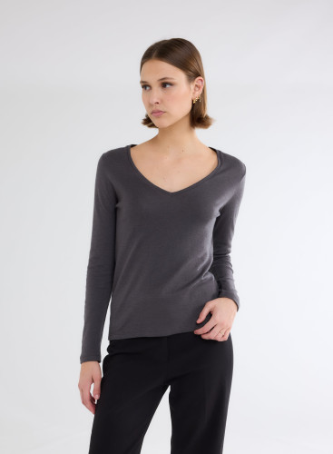 Long Sleeves V-neck T-shirt in Organic Cotton / Cashmere