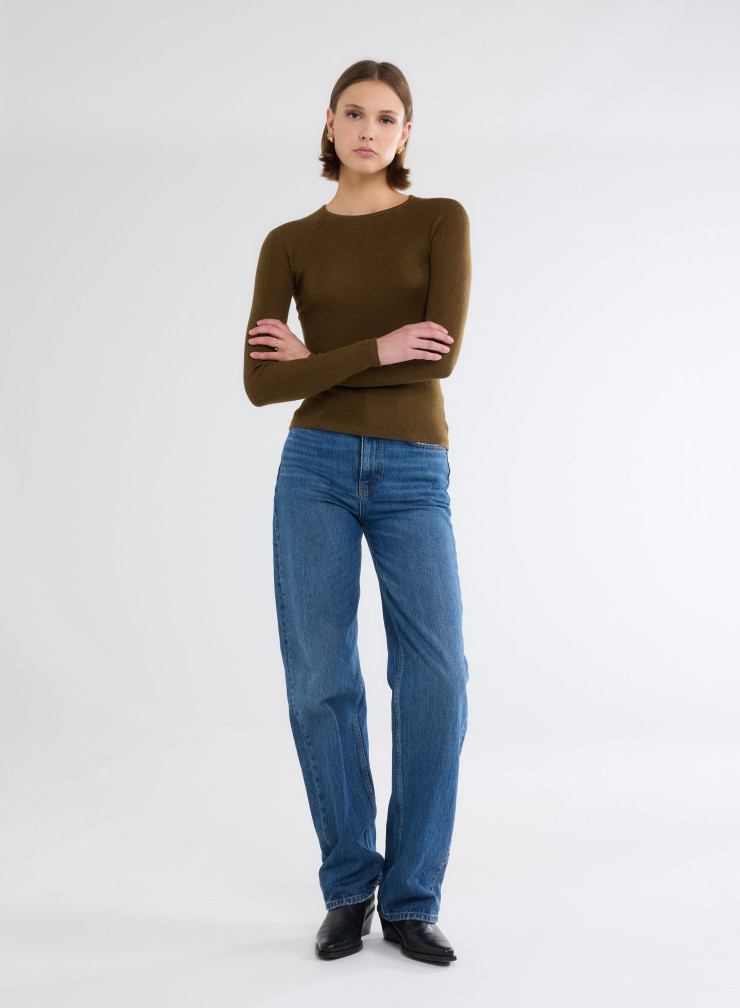 Long Sleeves Sweater V-neck in Merino Wool / Silk