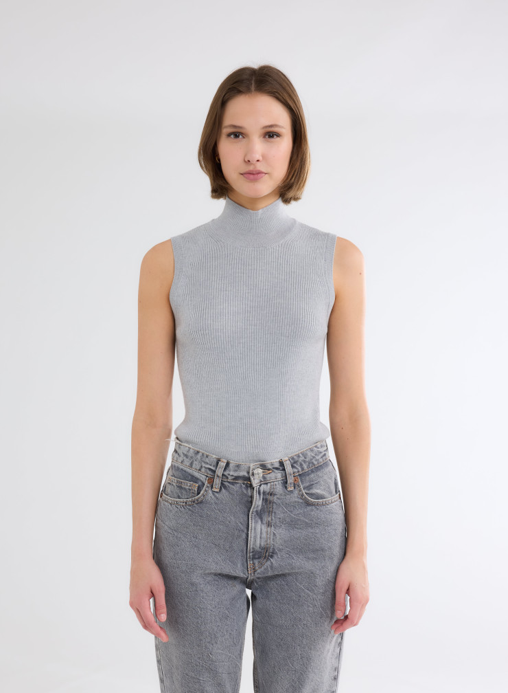 Pullovers Manches Sans Col Montant en Laine merinos