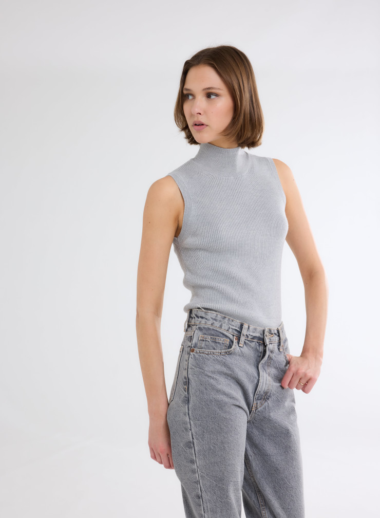 Pullovers Manches Sans Col Montant en Laine merinos