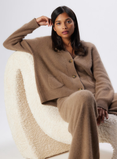 Beige Raccoon Long sleeve V-neck Cardigan WOMEN|Majestic