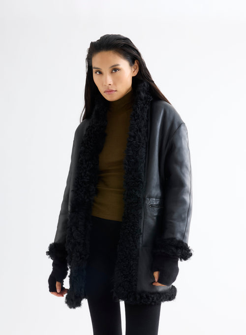 Manteau Peau Lainée Noire - MAJESTIC FILATURES