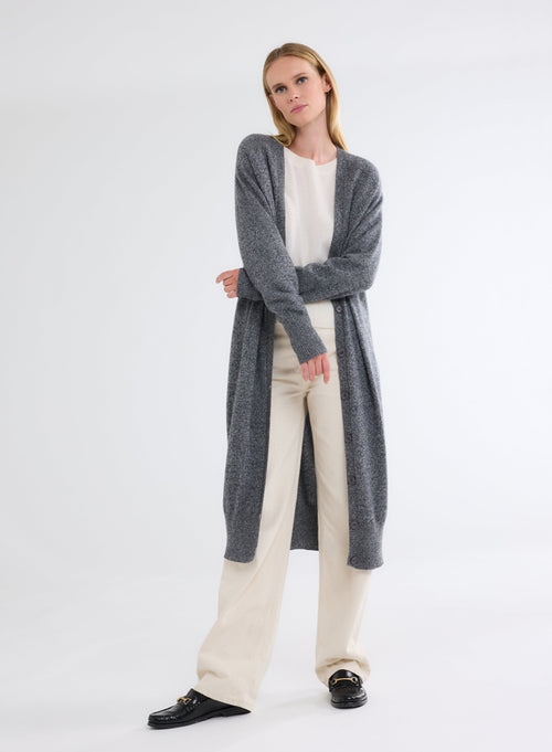 Long Gilet Gris Chiné Col V Manches Longues en Cachemire - MAJESTIC FILATURES