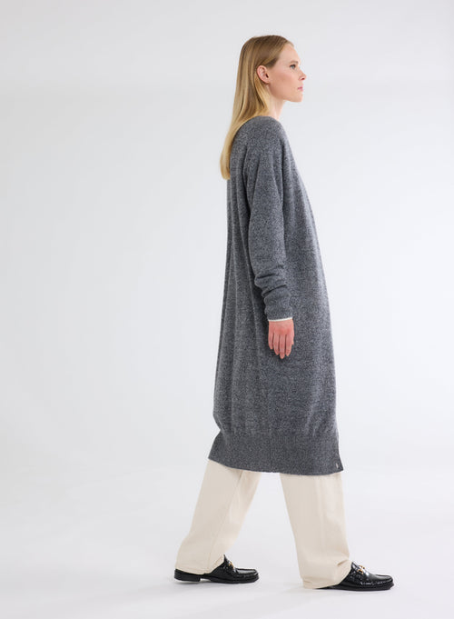 Long Gilet Gris Chiné Col V Manches Longues en Cachemire - MAJESTIC FILATURES