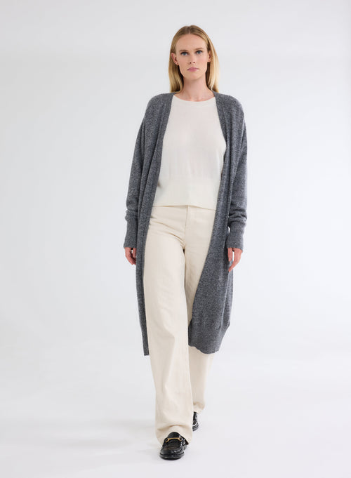 Long Gilet Gris Chiné Col V Manches Longues en Cachemire - MAJESTIC FILATURES