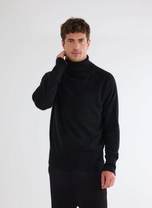 Pull Noir Col Roulé Manches Longues en 100% Cachemire - MAJESTIC FILATURES