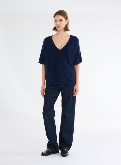 Navy V-Neck Elbow Sleeve Sweater - MAJESTIC FILATURES