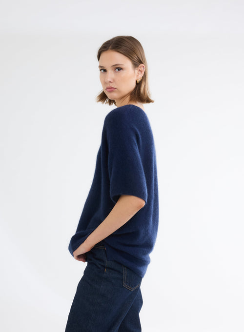 Navy V-Neck Elbow Sleeve Sweater - MAJESTIC FILATURES