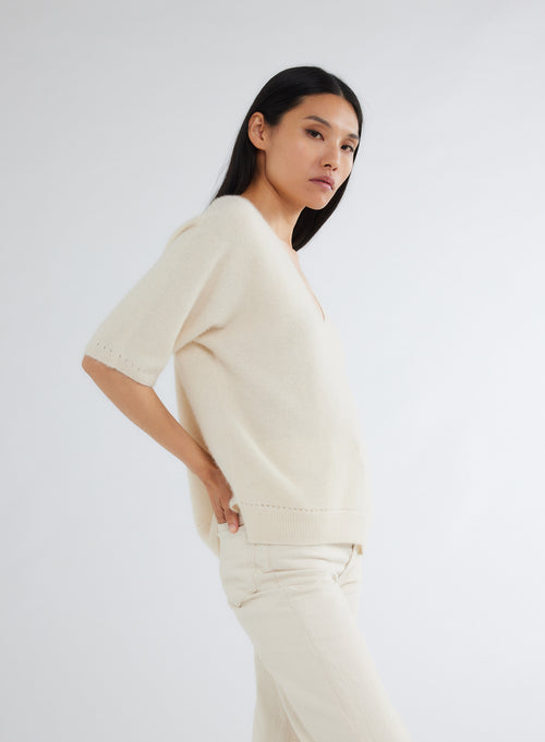 Pull Blanc Col V Manches Coudes - MAJESTIC FILATURES