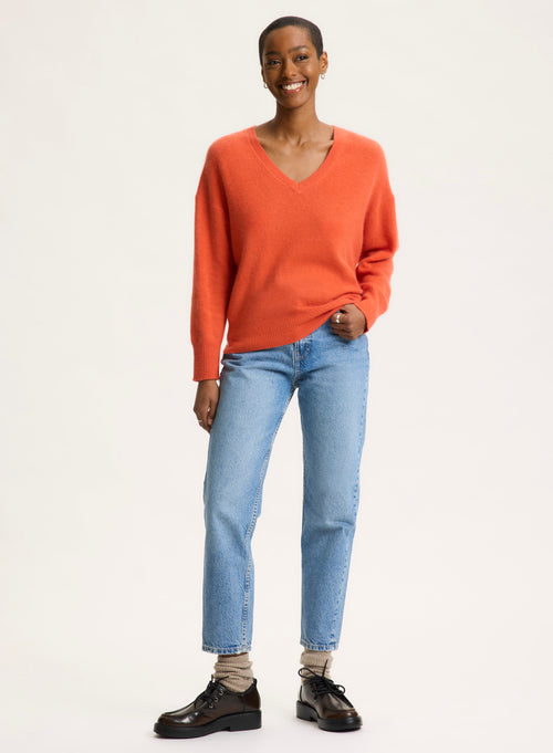 Pull orange Col V Manches Longues - MAJESTIC FILATURES