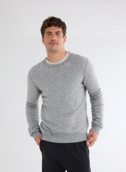 Pull Gris Col Rond Manches Longues en Raccoon et Polyamide - MAJESTIC FILATURES