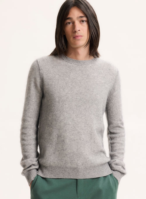 Pull Gris Clair Chiné Col Rond Manches Longues en Raccoon - MAJESTIC FILATURES