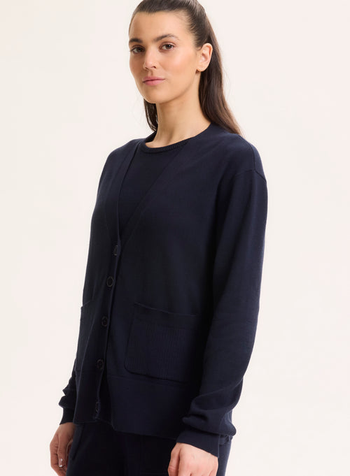 Navy V-neck Long Sleeve Vest in Organic Cotton / Elastane - MAJESTIC FILATURES