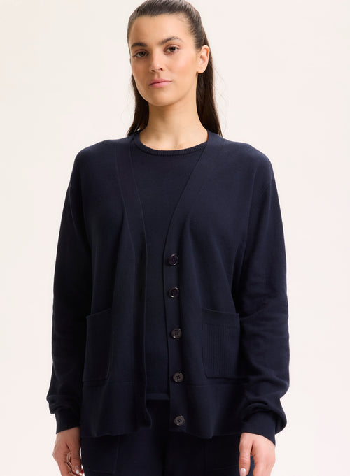 Navy V-neck Long Sleeve Vest in Organic Cotton / Elastane - MAJESTIC FILATURES