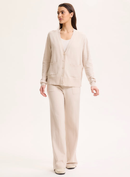 Beige V-neck Long-sleeved cardigan in organic cotton / Elastane - MAJESTIC FILATURES