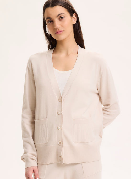 Beige V-neck Long-sleeved cardigan in organic cotton / Elastane - MAJESTIC FILATURES