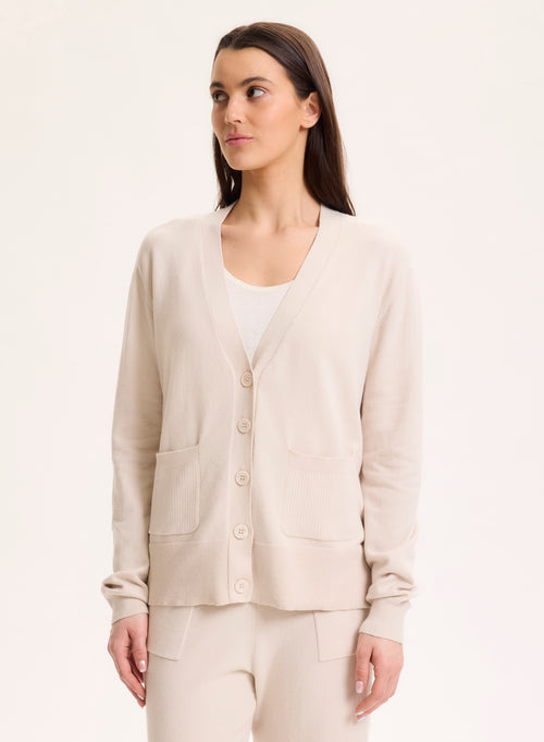 Beige V-neck Long-sleeved cardigan in organic cotton / Elastane - MAJESTIC FILATURES