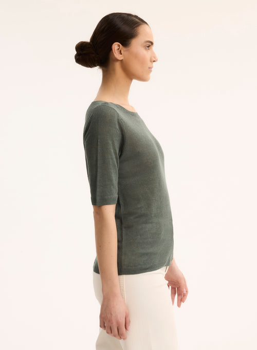 Pull Vert Col Rond Manches Courtes - MAJESTIC FILATURES