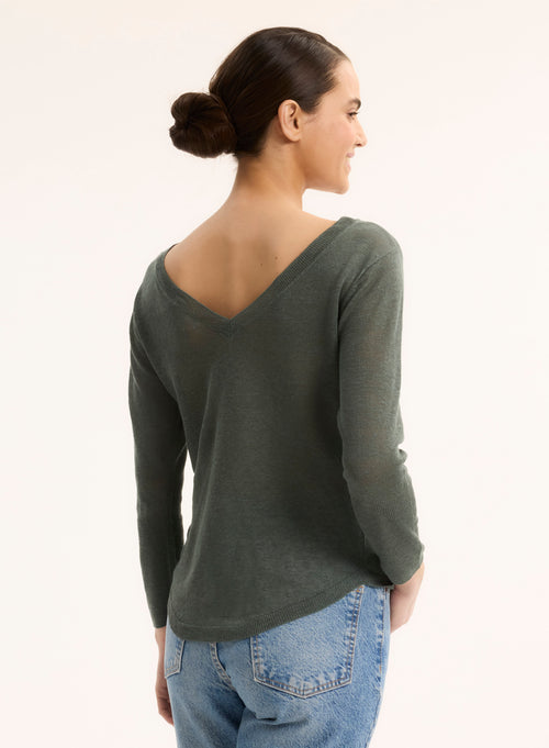 Pull Vert Col Bateau Manches Trois quarts - MAJESTIC FILATURES