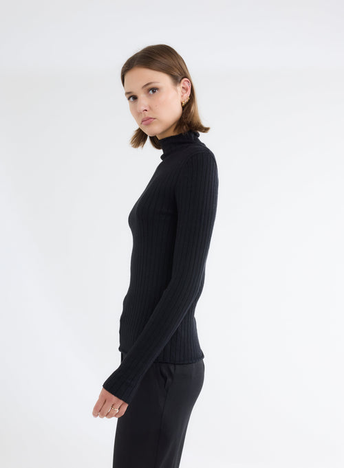 Pull Noir Côtelé Lurex Col Montant Manches Longues en Coton et Viscose - MAJESTIC FILATURES