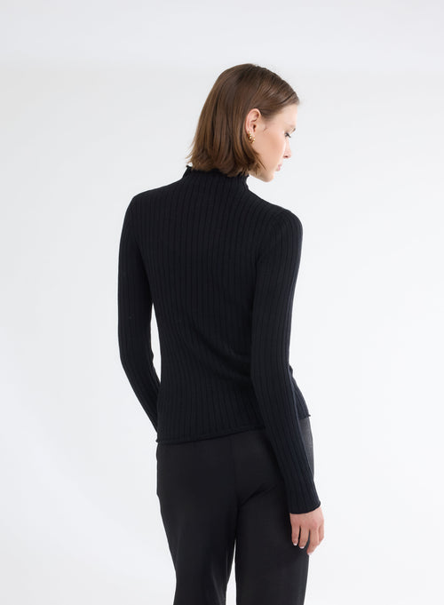 Pull Noir Côtelé Lurex Col Montant Manches Longues en Coton et Viscose - MAJESTIC FILATURES