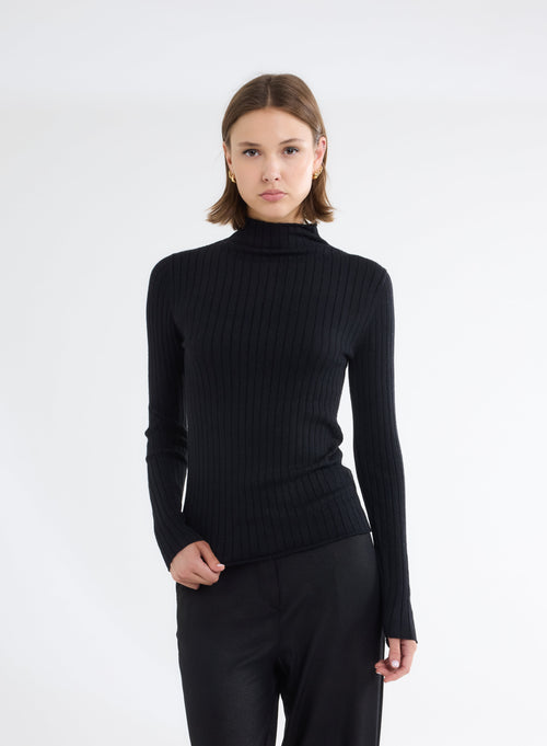 Pull Noir Côtelé Lurex Col Montant Manches Longues en Coton et Viscose - MAJESTIC FILATURES