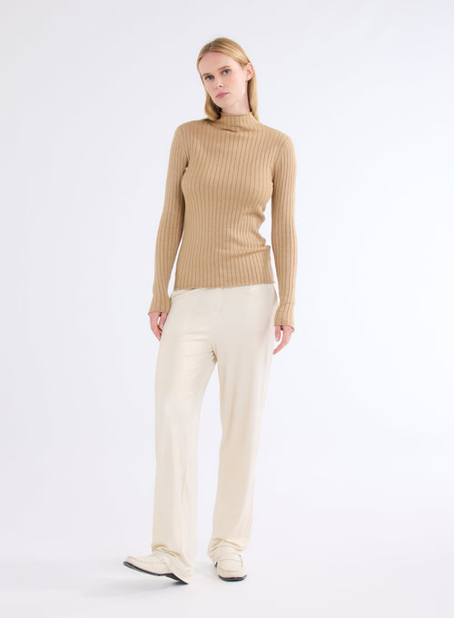 Golden Ribbed Lurex Long Sleeve Stand-Up Collar Cotton and Viscose Sweater - MAJESTIC FILATURES