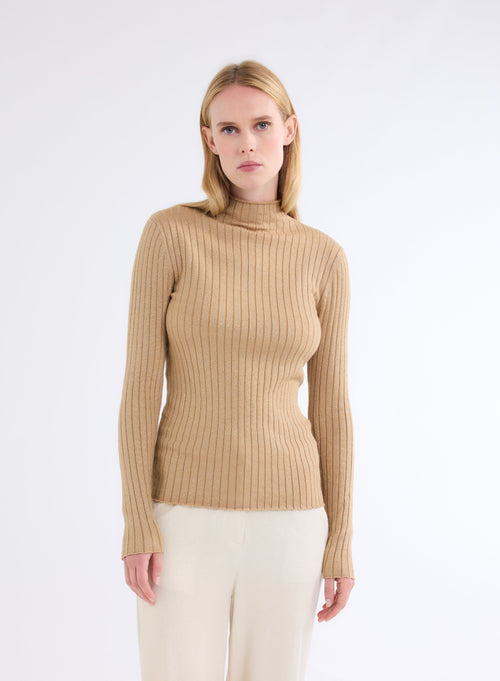 Golden Ribbed Lurex Long Sleeve Stand-Up Collar Cotton and Viscose Sweater - MAJESTIC FILATURES