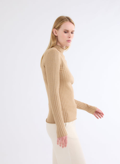 Golden Ribbed Lurex Long Sleeve Stand-Up Collar Cotton and Viscose Sweater - MAJESTIC FILATURES