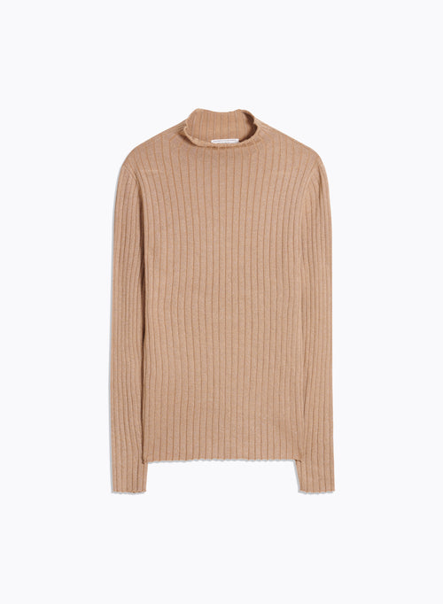 Golden Ribbed Lurex Long Sleeve Stand-Up Collar Cotton and Viscose Sweater - MAJESTIC FILATURES