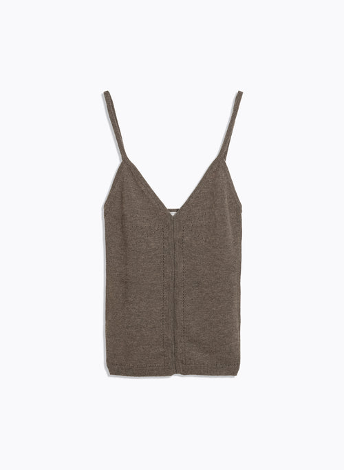 Brown Wool and Cashmere V-Neck Tank with Fine Straps - MAJESTIC FILATURES