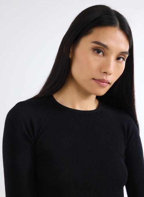 Black Round Neck Long Sleeve Sweater - MAJESTIC FILATURES