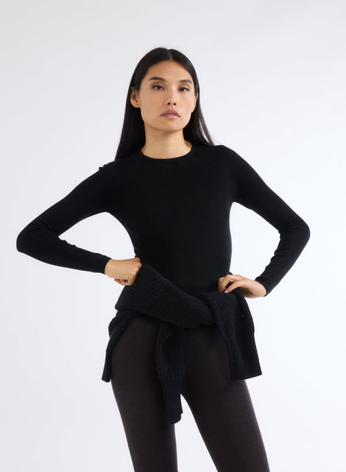 Black Round Neck Long Sleeve Sweater - MAJESTIC FILATURES