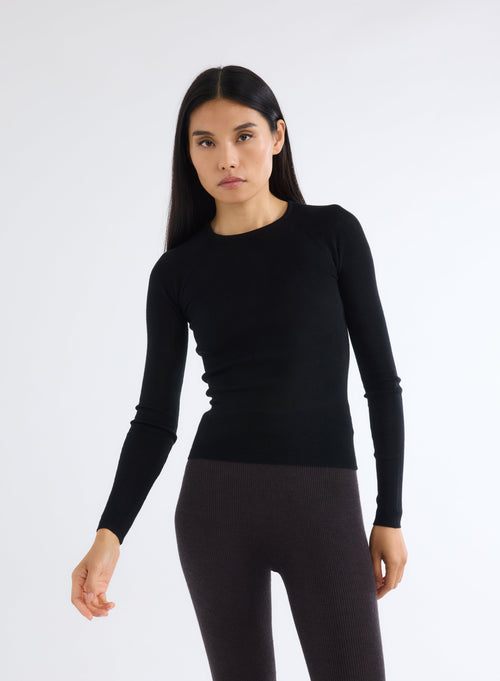 Black Round Neck Long Sleeve Sweater - MAJESTIC FILATURES