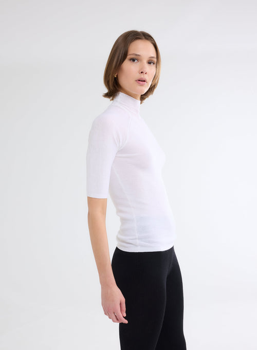 Pull Blanc Col Montant Manches Coudes - MAJESTIC FILATURES