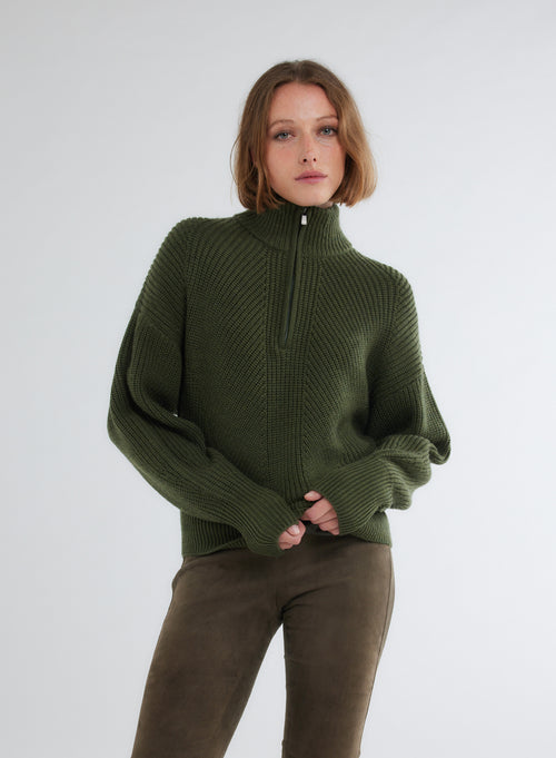 Pull Vert Col Montant Manches Longues - MAJESTIC FILATURES