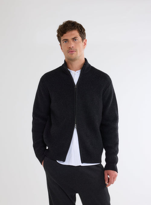 Gilet Noir Col Montant Manches Longues en 100% Laine Merinos - MAJESTIC FILATURES