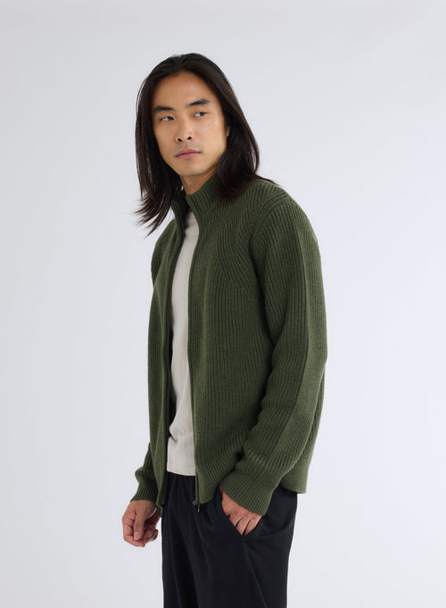 Gilet Vert Col Montant Manches Longues en 100% Laine Merinos - MAJESTIC FILATURES