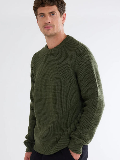 Kaki Merino Wool Long Sleeve Chunky Knit Round Neck Sweater - MAJESTIC FILATURES