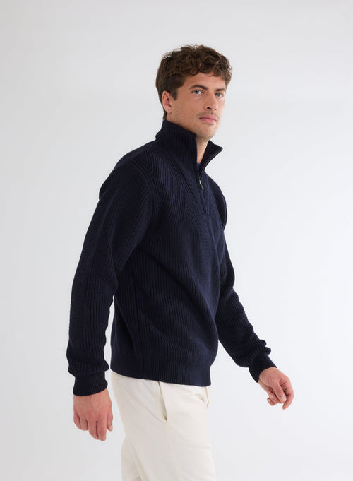 Pull Marine Col Montant Manches Longues - MAJESTIC FILATURES