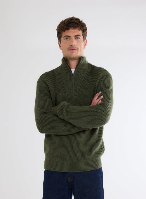 Pull Vert Col Montant Manches Longues en Laine Merinos - MAJESTIC FILATURES