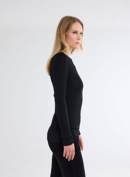 Pull Noir Col Rond Manches Longues - MAJESTIC FILATURES