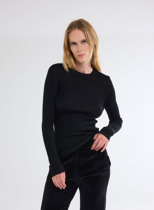 Pull Noir Col Rond Manches Longues - MAJESTIC FILATURES