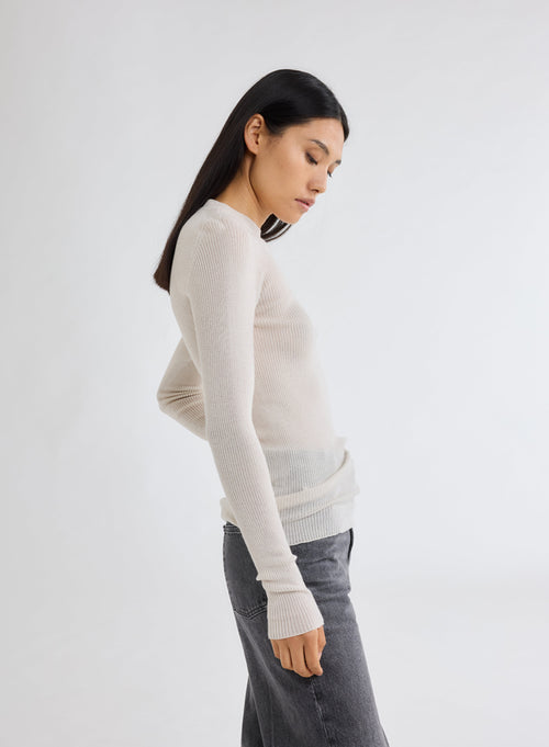 Pull Blanc Col Rond Manches Longues - MAJESTIC FILATURES